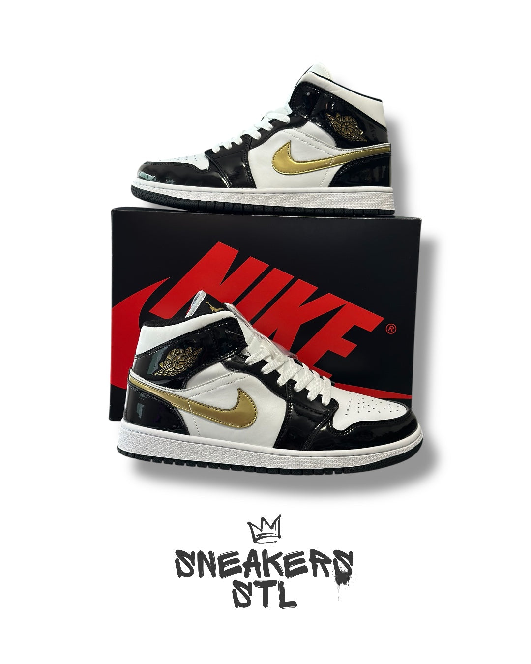 JORDAN 1 MID PATENT BLACK GOLD