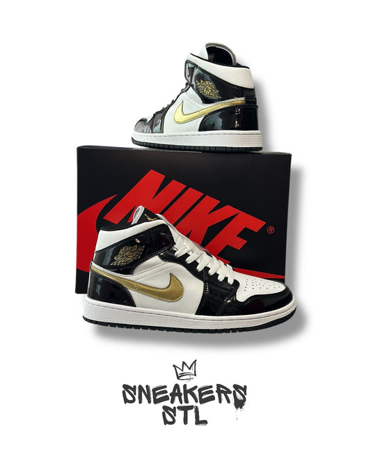 JORDAN 1 MID PATENT BLACK GOLD